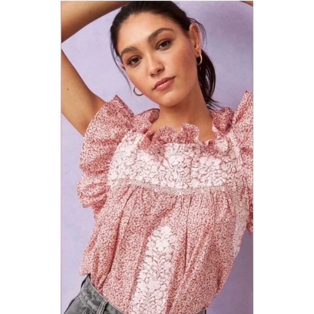 Mi Golondrina Olivia Jardin San Valentin Blouse Pink Floral Embroidered Top XS
